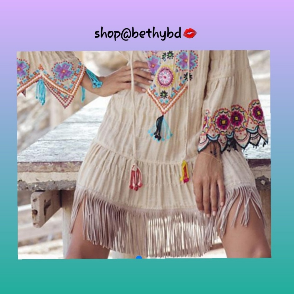 Boho Tasseled Embroidered Mini Dress - Picture 3 of 4